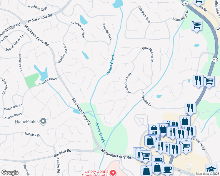 map of restaurants, bars, coffee shops, grocery stores, and more near 1580 Reindeer Ridge in Alpharetta