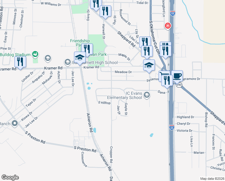 map of restaurants, bars, coffee shops, grocery stores, and more near 600 Hazel Street in Burkburnett