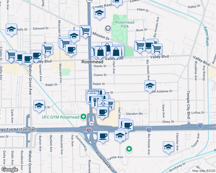 map of restaurants, bars, coffee shops, grocery stores, and more near 9061 De Adalena Street in Rosemead
