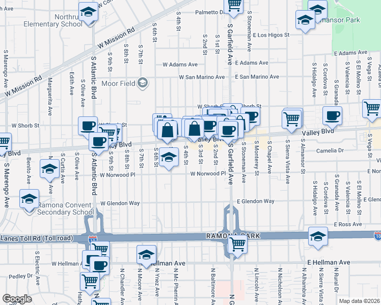 map of restaurants, bars, coffee shops, grocery stores, and more near 1418 South 4th Street in Alhambra