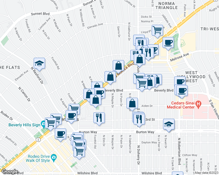map of restaurants, bars, coffee shops, grocery stores, and more near 9232 Beverly Boulevard in Beverly Hills