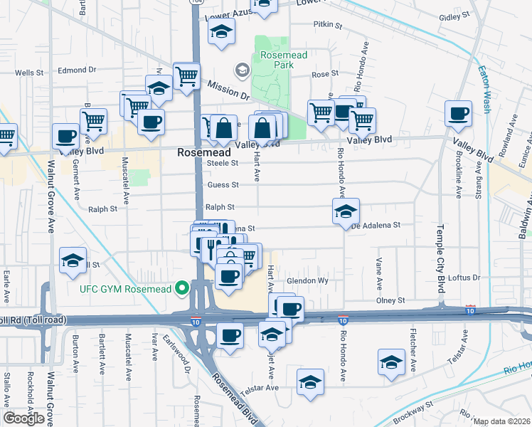 map of restaurants, bars, coffee shops, grocery stores, and more near 9210 Ralph Street in Rosemead