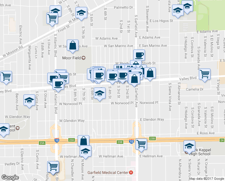 map of restaurants, bars, coffee shops, grocery stores, and more near 1418 South 4th Street in Alhambra