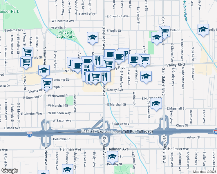 map of restaurants, bars, coffee shops, grocery stores, and more near 115 Dewey Avenue in San Gabriel