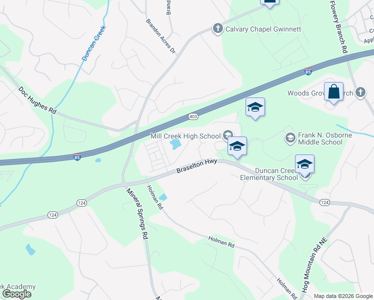 map of restaurants, bars, coffee shops, grocery stores, and more near 4312 Georgia 124 in Hoschton