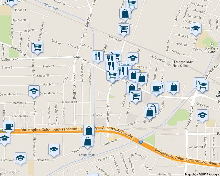 map of restaurants, bars, coffee shops, grocery stores, and more near 3814 Baldwin Avenue in El Monte