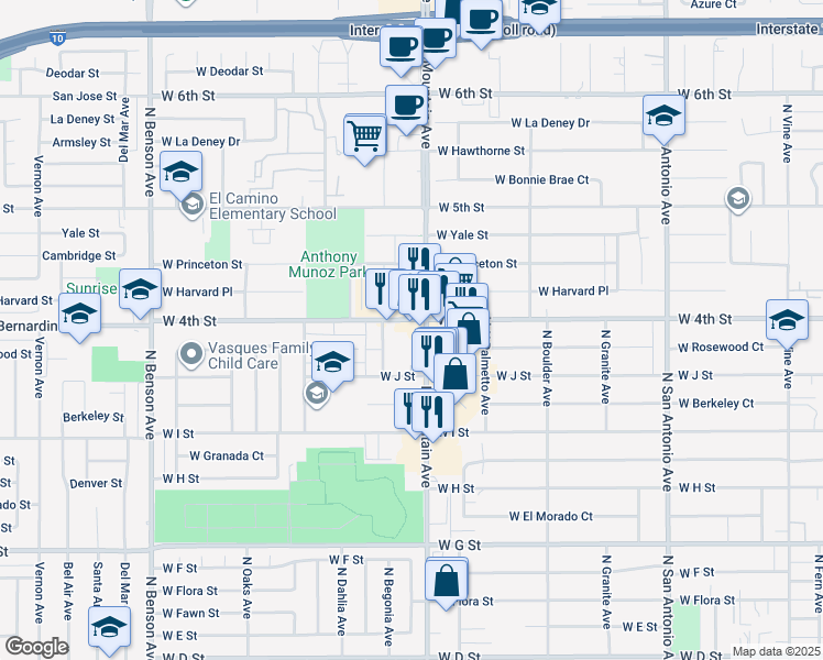 map of restaurants, bars, coffee shops, grocery stores, and more near 1025 North Mountain Avenue in Ontario