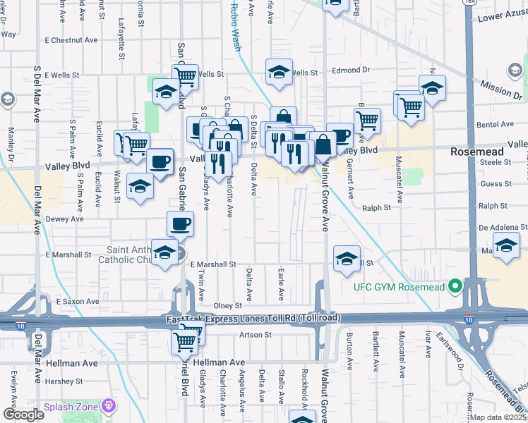 map of restaurants, bars, coffee shops, grocery stores, and more near 3858 Delta Avenue in Rosemead