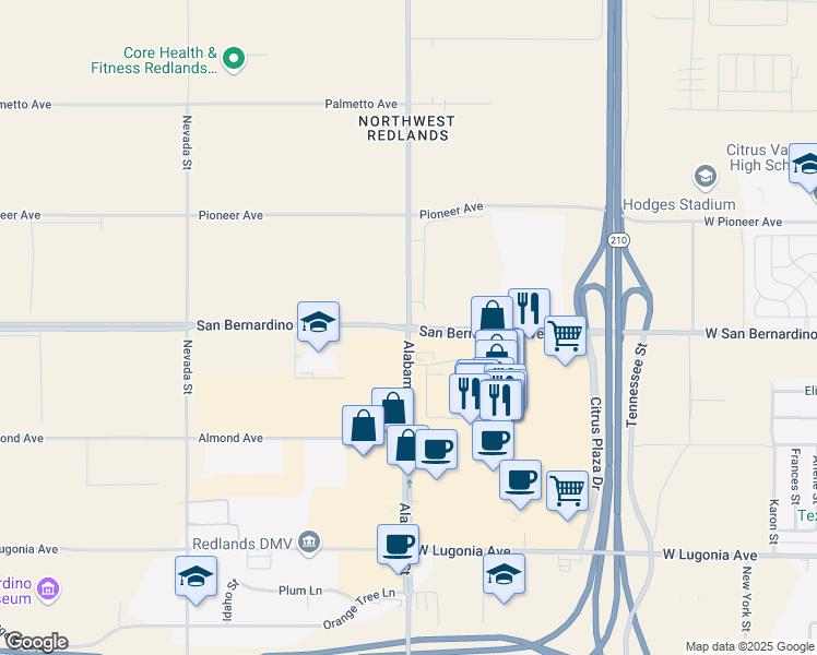 map of restaurants, bars, coffee shops, grocery stores, and more near Alabama St & W San Bernardino Ave in Redlands