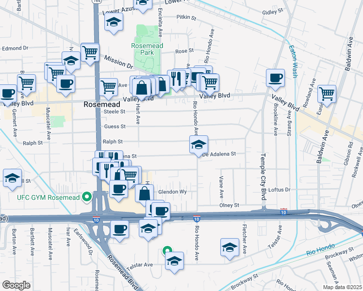 map of restaurants, bars, coffee shops, grocery stores, and more near 9336 Ralph Street in Rosemead