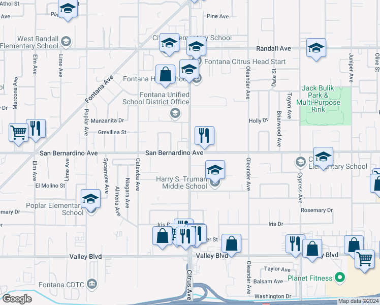 map of restaurants, bars, coffee shops, grocery stores, and more near Citrus Avenue & San Bernardino Avenue in Fontana