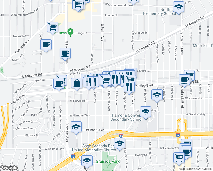 map of restaurants, bars, coffee shops, grocery stores, and more near 2013 West Valley Boulevard in Alhambra