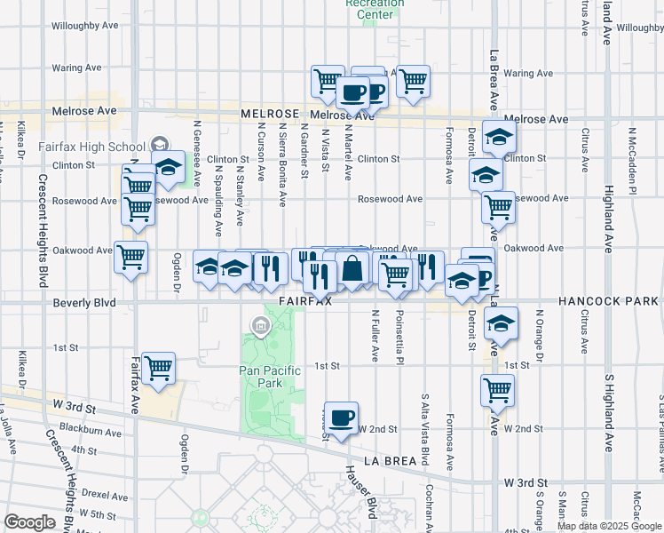 map of restaurants, bars, coffee shops, grocery stores, and more near 344 North Vista Street in Los Angeles