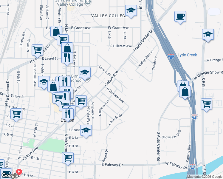 map of restaurants, bars, coffee shops, grocery stores, and more near 1030 North Western Avenue in Colton