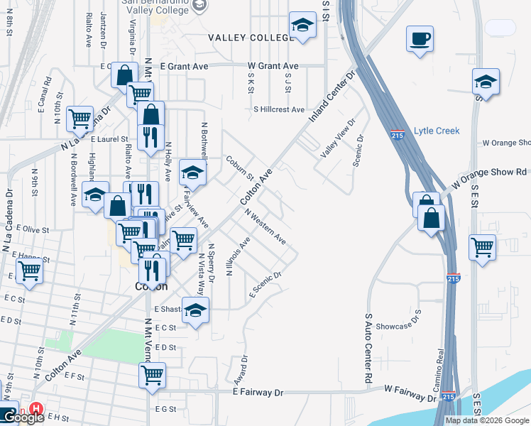 map of restaurants, bars, coffee shops, grocery stores, and more near 1090 North Orangewood Street in Colton