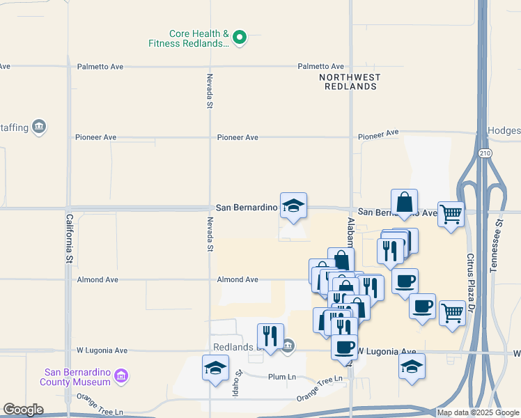 map of restaurants, bars, coffee shops, grocery stores, and more near 2125 San Bernardino Avenue in Redlands