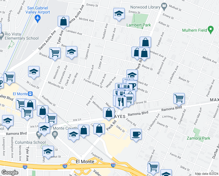map of restaurants, bars, coffee shops, grocery stores, and more near 3912 Maple Avenue in El Monte
