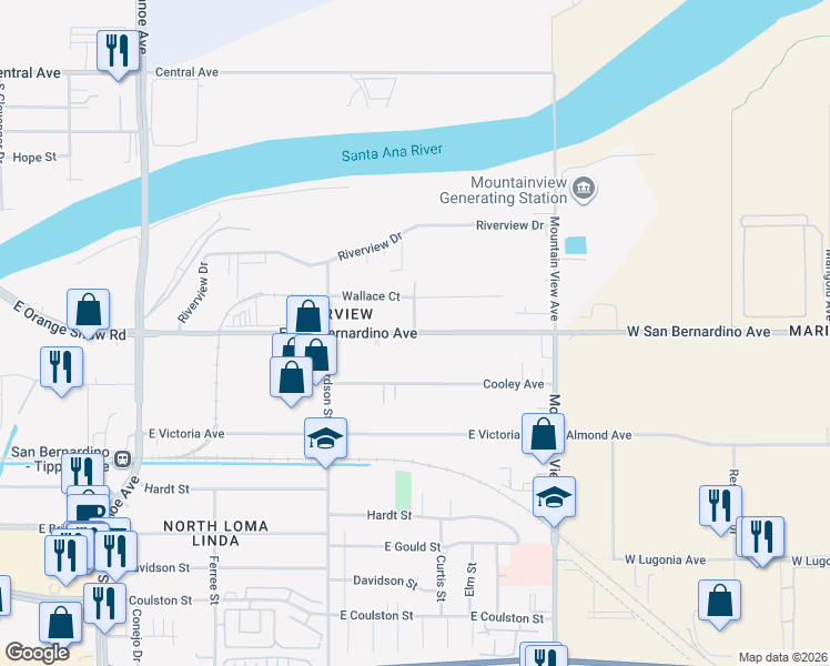 map of restaurants, bars, coffee shops, grocery stores, and more near East San Bernardino Avenue in San Bernardino