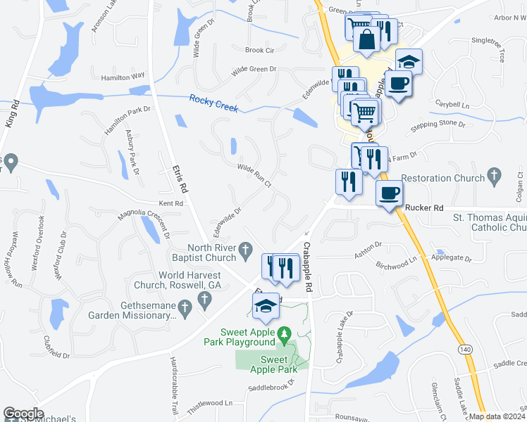 map of restaurants, bars, coffee shops, grocery stores, and more near 912 Wilde Rose Court in Roswell