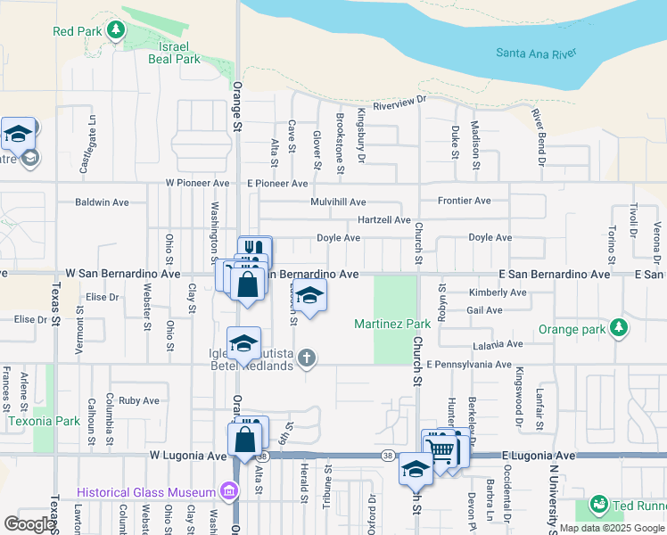 map of restaurants, bars, coffee shops, grocery stores, and more near 1602 Glover Street in Redlands