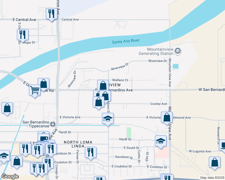 map of restaurants, bars, coffee shops, grocery stores, and more near East San Bernardino Avenue in San Bernardino