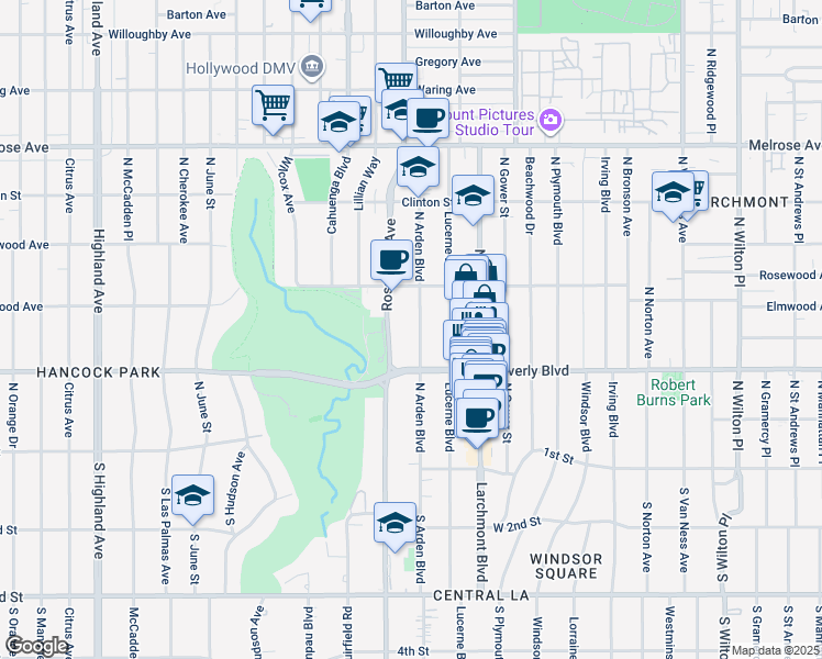 map of restaurants, bars, coffee shops, grocery stores, and more near 347 North Arden Boulevard in Los Angeles