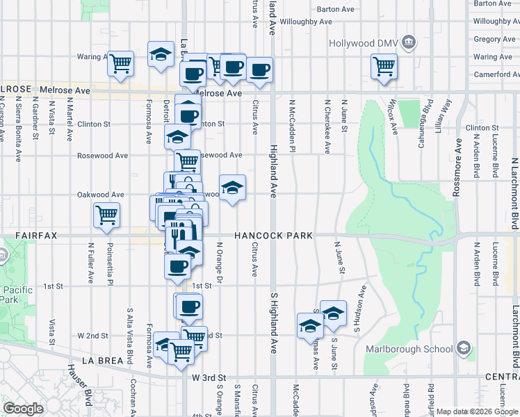 map of restaurants, bars, coffee shops, grocery stores, and more near 342 North Citrus Avenue in Los Angeles