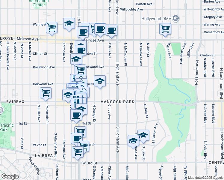 map of restaurants, bars, coffee shops, grocery stores, and more near 342 North Citrus Avenue in Los Angeles