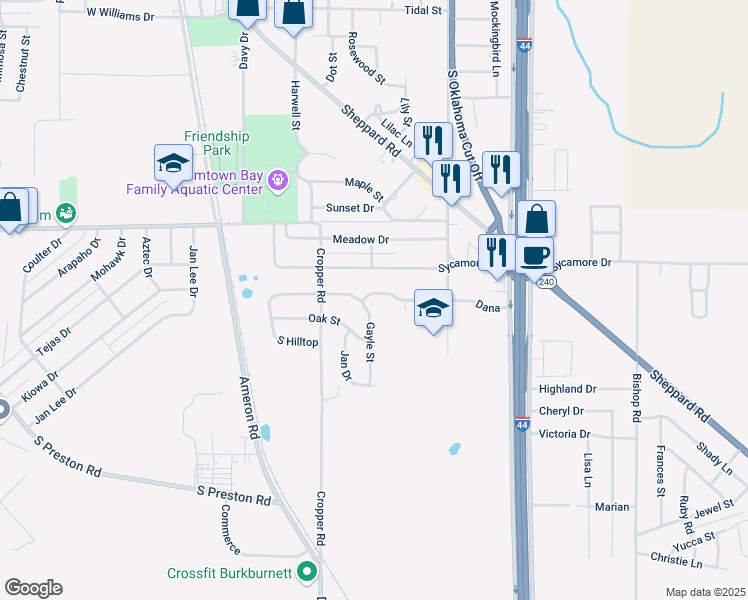 map of restaurants, bars, coffee shops, grocery stores, and more near 705 Gayle Street in Burkburnett