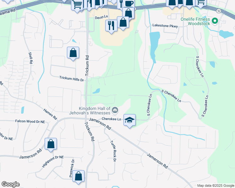 map of restaurants, bars, coffee shops, grocery stores, and more near 469 Maypop Lane in Woodstock