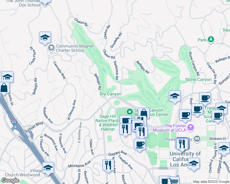 map of restaurants, bars, coffee shops, grocery stores, and more near 10847 Bellagio Road in Los Angeles