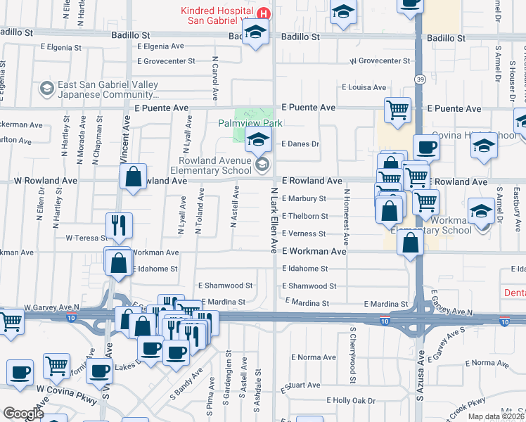 map of restaurants, bars, coffee shops, grocery stores, and more near 1344 East Loma Vista Street in West Covina