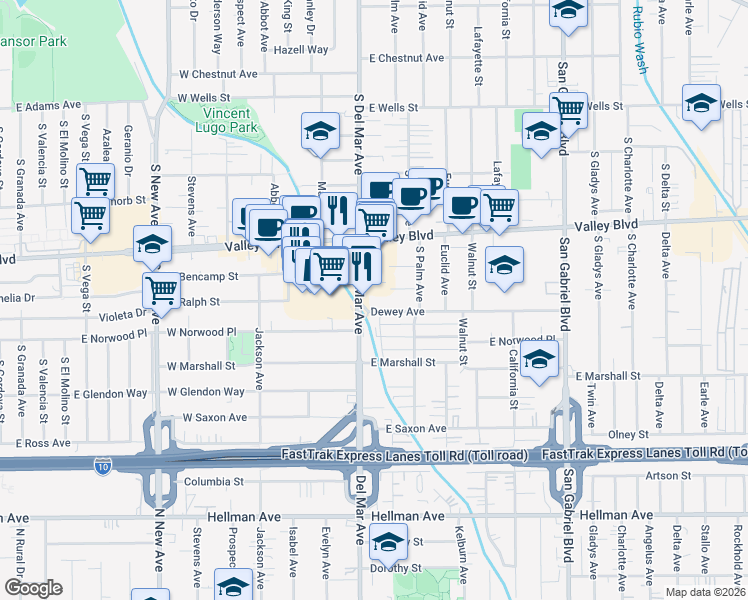 map of restaurants, bars, coffee shops, grocery stores, and more near 115 Dewey Avenue in San Gabriel