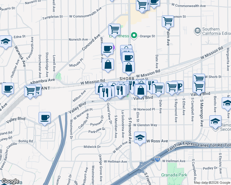 map of restaurants, bars, coffee shops, grocery stores, and more near 2925 West Shorb Street in Alhambra