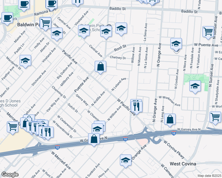 map of restaurants, bars, coffee shops, grocery stores, and more near 309 North Leland Avenue in West Covina