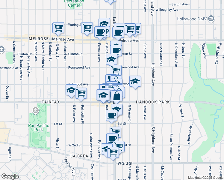 map of restaurants, bars, coffee shops, grocery stores, and more near 322 North La Brea Avenue in Los Angeles