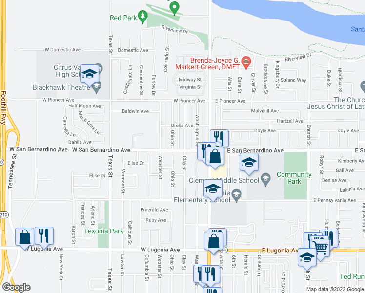map of restaurants, bars, coffee shops, grocery stores, and more near 1607 Clay Street in Redlands