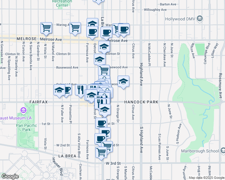 map of restaurants, bars, coffee shops, grocery stores, and more near 320 North Sycamore Avenue in Los Angeles