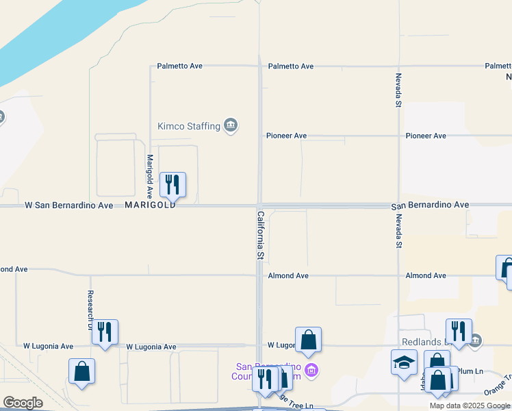 map of restaurants, bars, coffee shops, grocery stores, and more near San Bernardino Avenue in Redlands