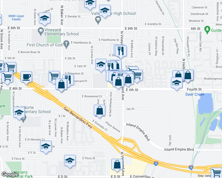 map of restaurants, bars, coffee shops, grocery stores, and more near 1098 North Sacramento Avenue in Ontario