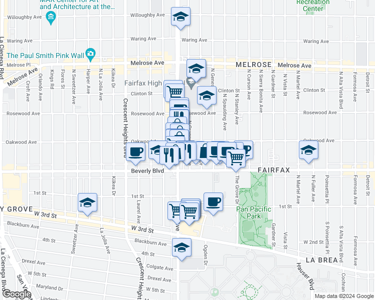map of restaurants, bars, coffee shops, grocery stores, and more near 331 1/2 North Orange Grove Avenue in Los Angeles
