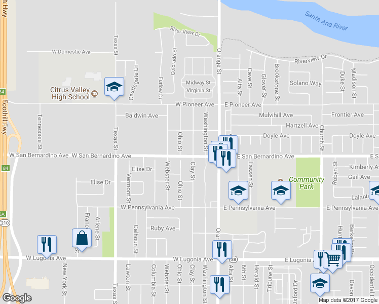 map of restaurants, bars, coffee shops, grocery stores, and more near 1607 Clay Street in Redlands
