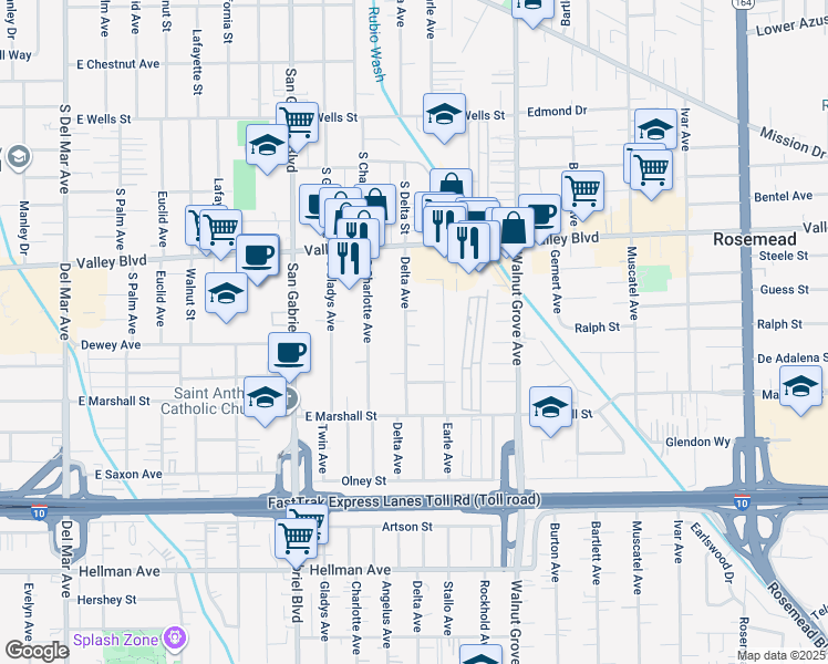 map of restaurants, bars, coffee shops, grocery stores, and more near 3858 Delta Avenue in Rosemead