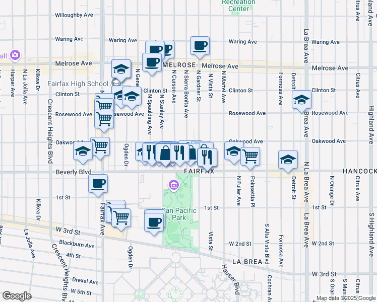 map of restaurants, bars, coffee shops, grocery stores, and more near 327 North Sierra Bonita Avenue in Los Angeles