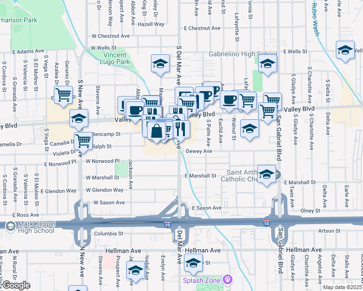 map of restaurants, bars, coffee shops, grocery stores, and more near 1736 South Del Mar Avenue in San Gabriel