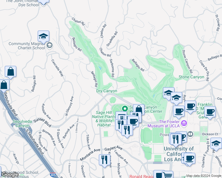 map of restaurants, bars, coffee shops, grocery stores, and more near 10847 Bellagio Road in Los Angeles