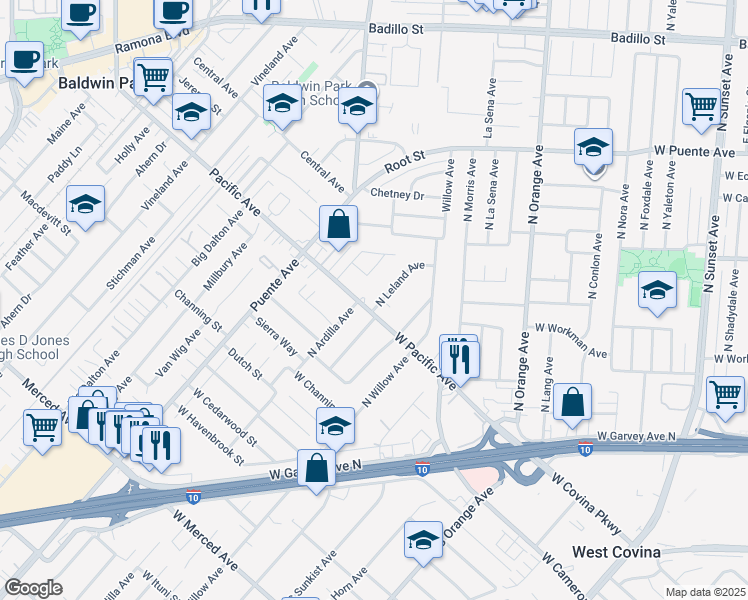 map of restaurants, bars, coffee shops, grocery stores, and more near 309 North Leland Avenue in West Covina