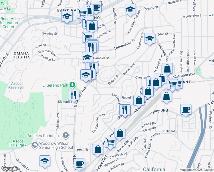 map of restaurants, bars, coffee shops, grocery stores, and more near 2750 Ballard Street in Los Angeles
