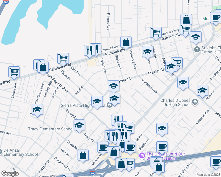 map of restaurants, bars, coffee shops, grocery stores, and more near 13400 Foster Avenue in Baldwin Park