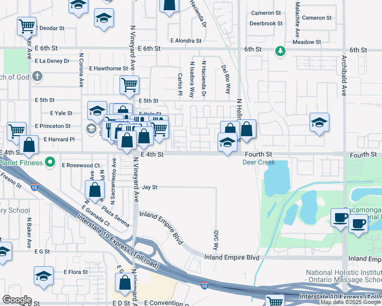 map of restaurants, bars, coffee shops, grocery stores, and more near 2076 East 4th Street in Ontario